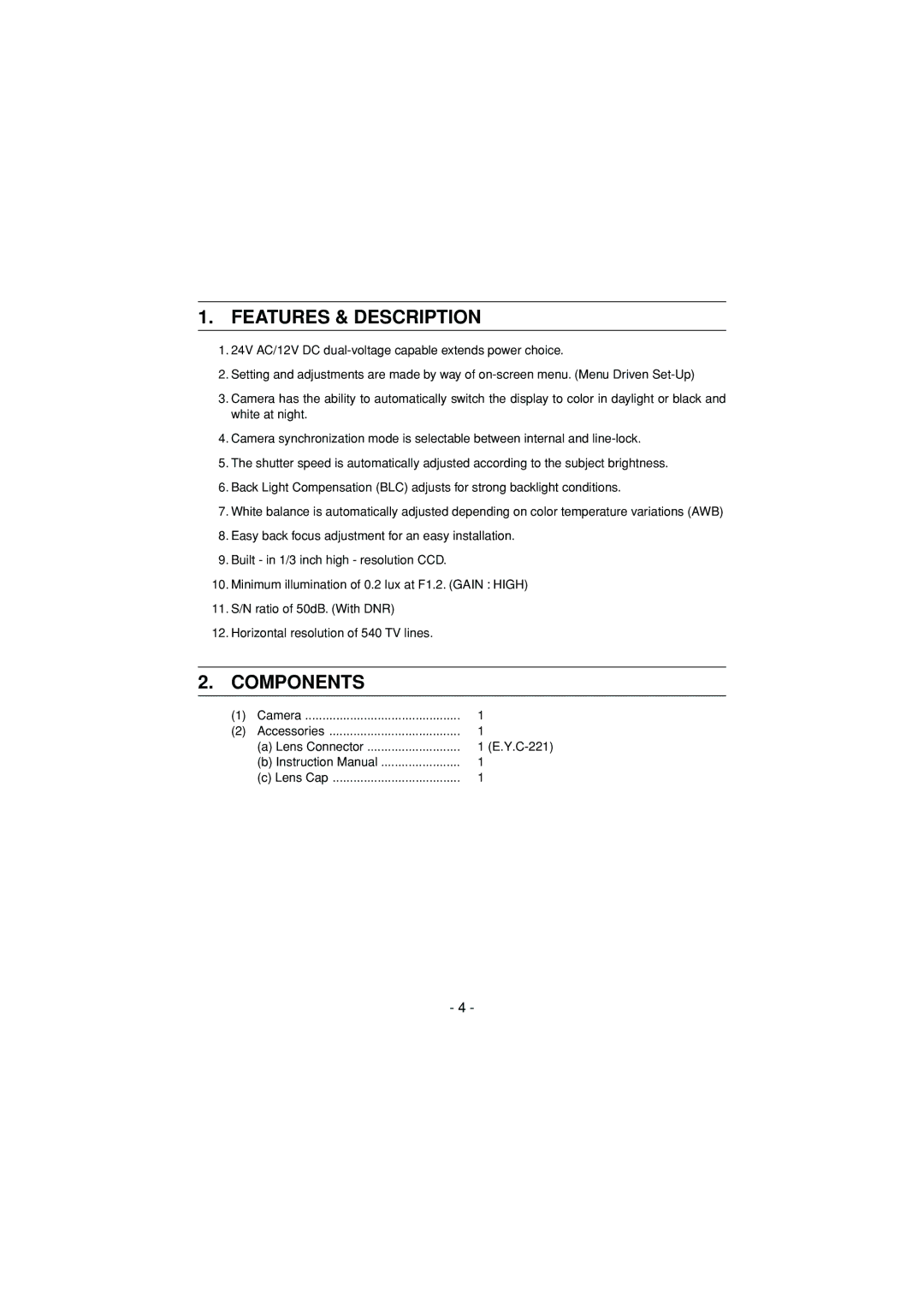 Toshiba IK-6550A instruction manual Features & Description, Components 