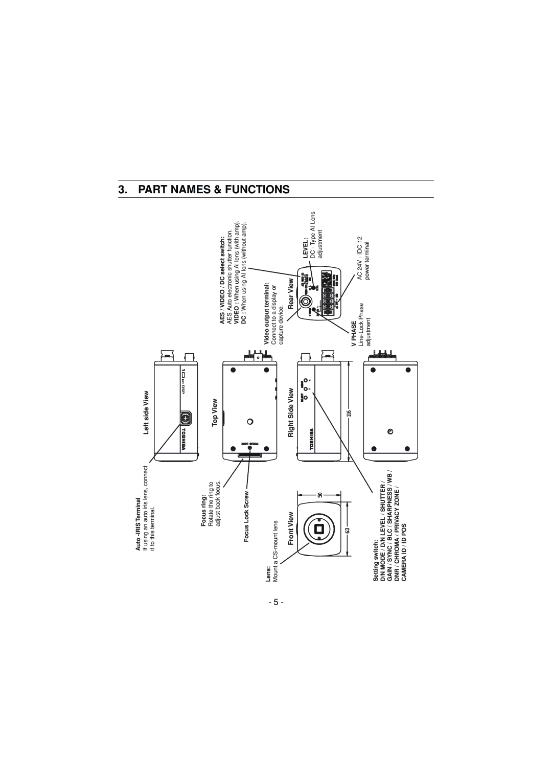 Toshiba IK-6550A instruction manual Part Names & Functions, LeftsideView TopView 