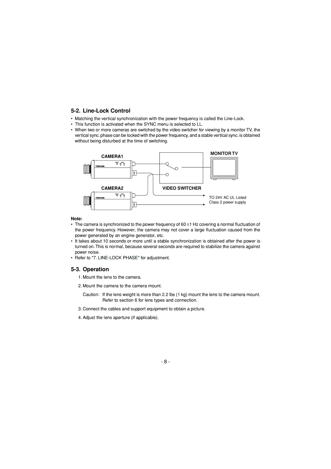 Toshiba IK-6550A instruction manual Line-Lock Control, Operation, CAMERA1 Monitor TV CAMERA2 Video Switcher 