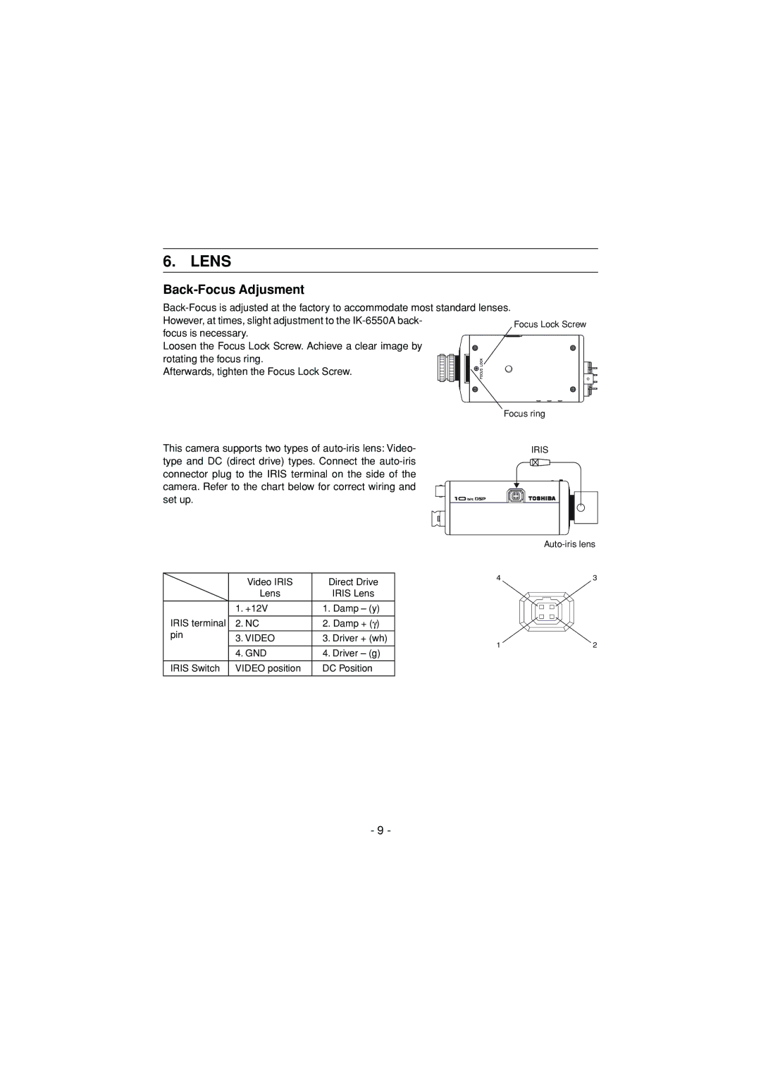 Toshiba IK-6550A instruction manual Lens, Back-Focus Adjusment 