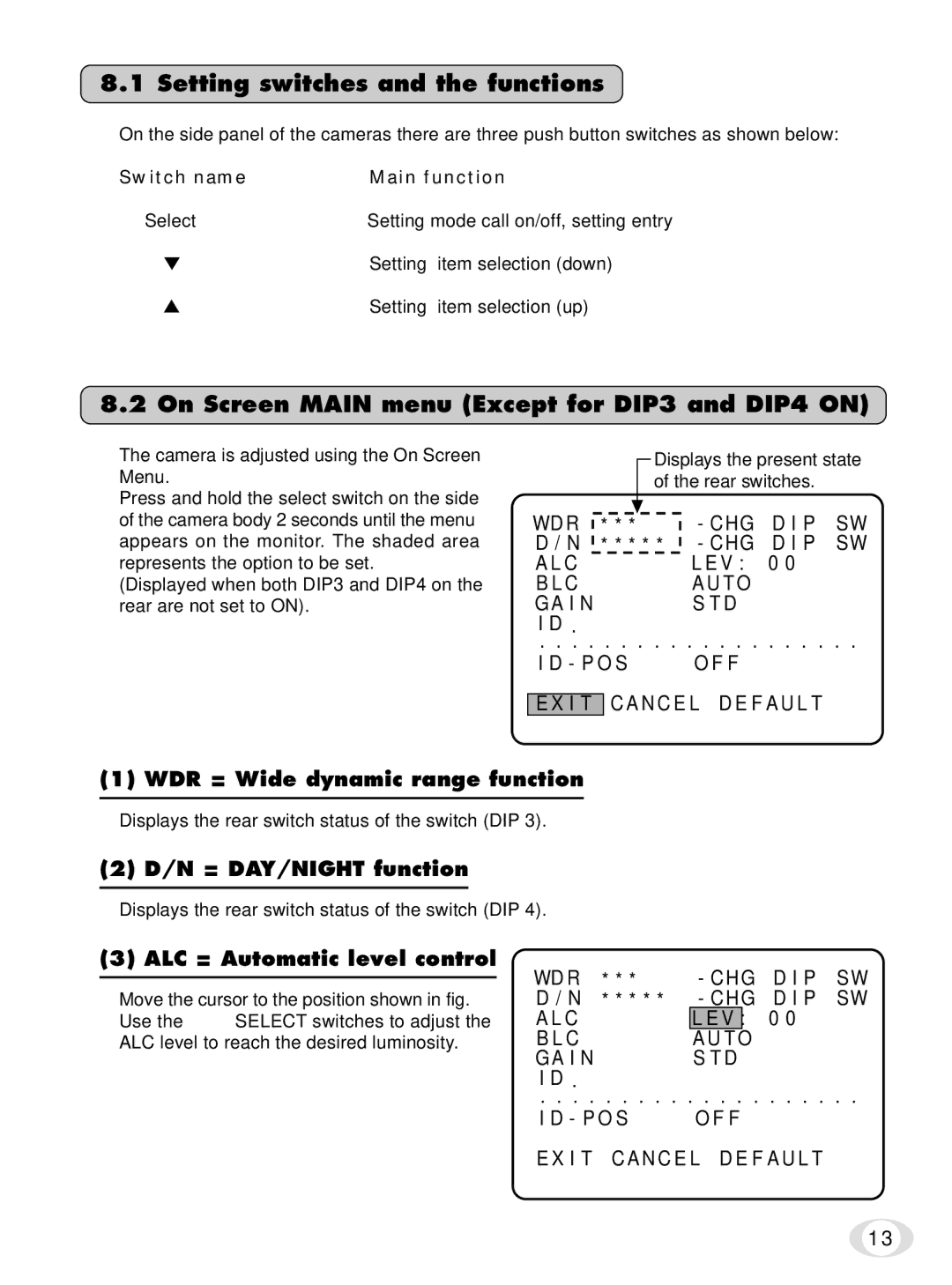 Toshiba IK-65WDA instruction manual Setting switches and the functions, On Screen Main menu Except for DIP3 and DIP4 on 