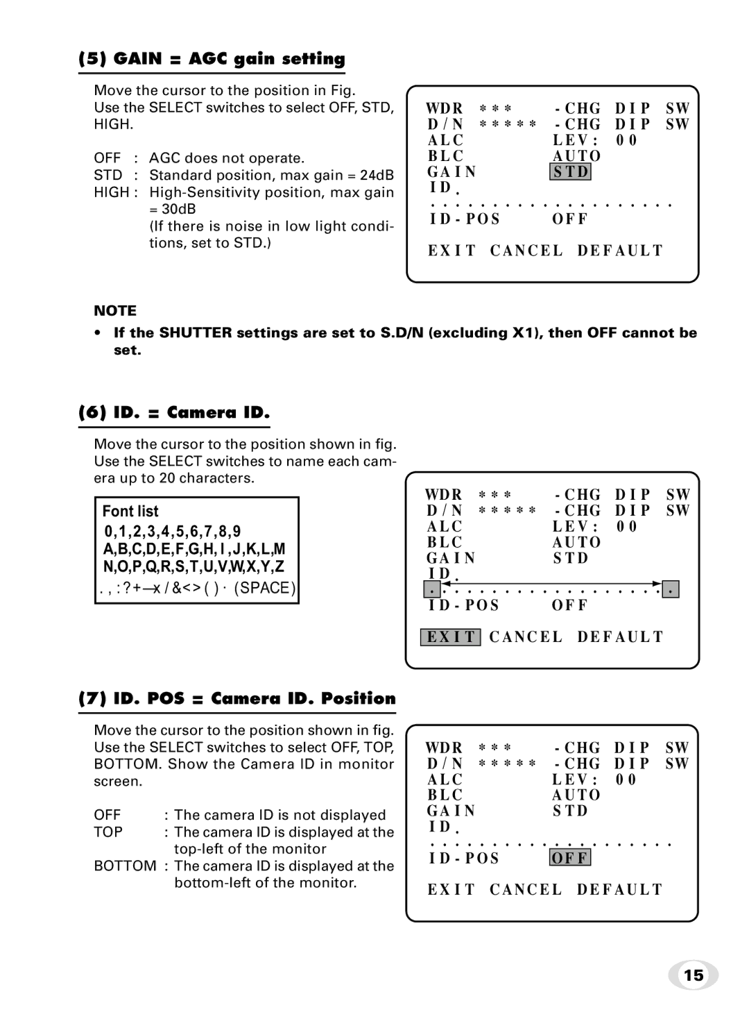 Toshiba IK-65WDA instruction manual Gain = AGC gain setting, ID. = Camera ID, ID. POS = Camera ID. Position 