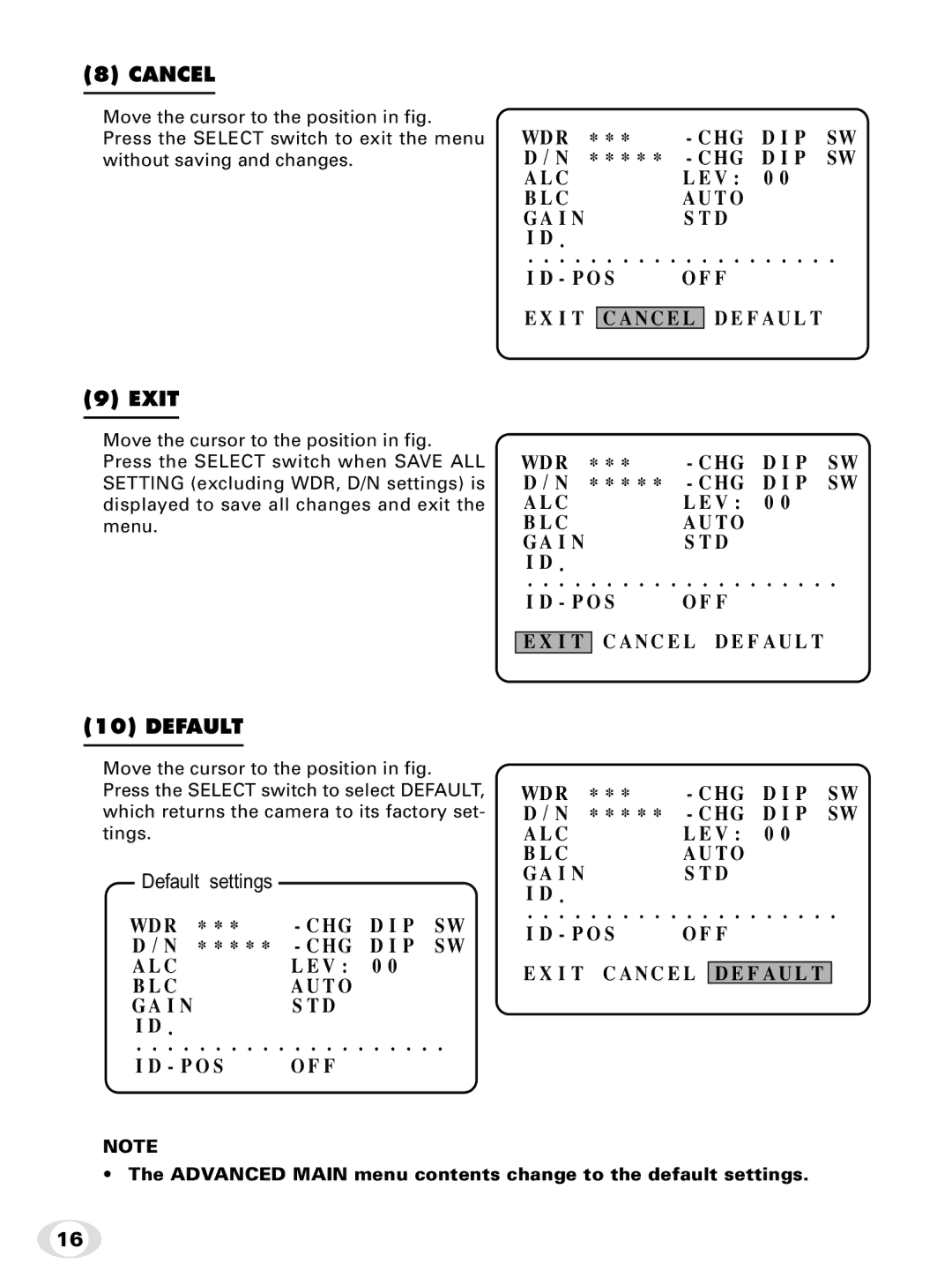 Toshiba IK-65WDA instruction manual Cancel, Exit, Default settings 