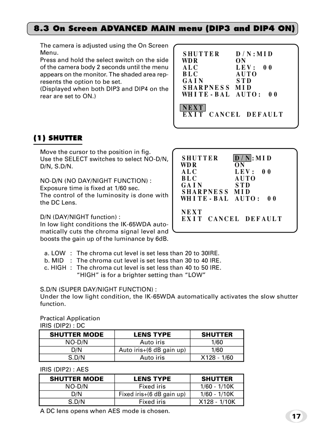 Toshiba IK-65WDA instruction manual On Screen Advanced Main menu DIP3 and DIP4 on, Shutter 