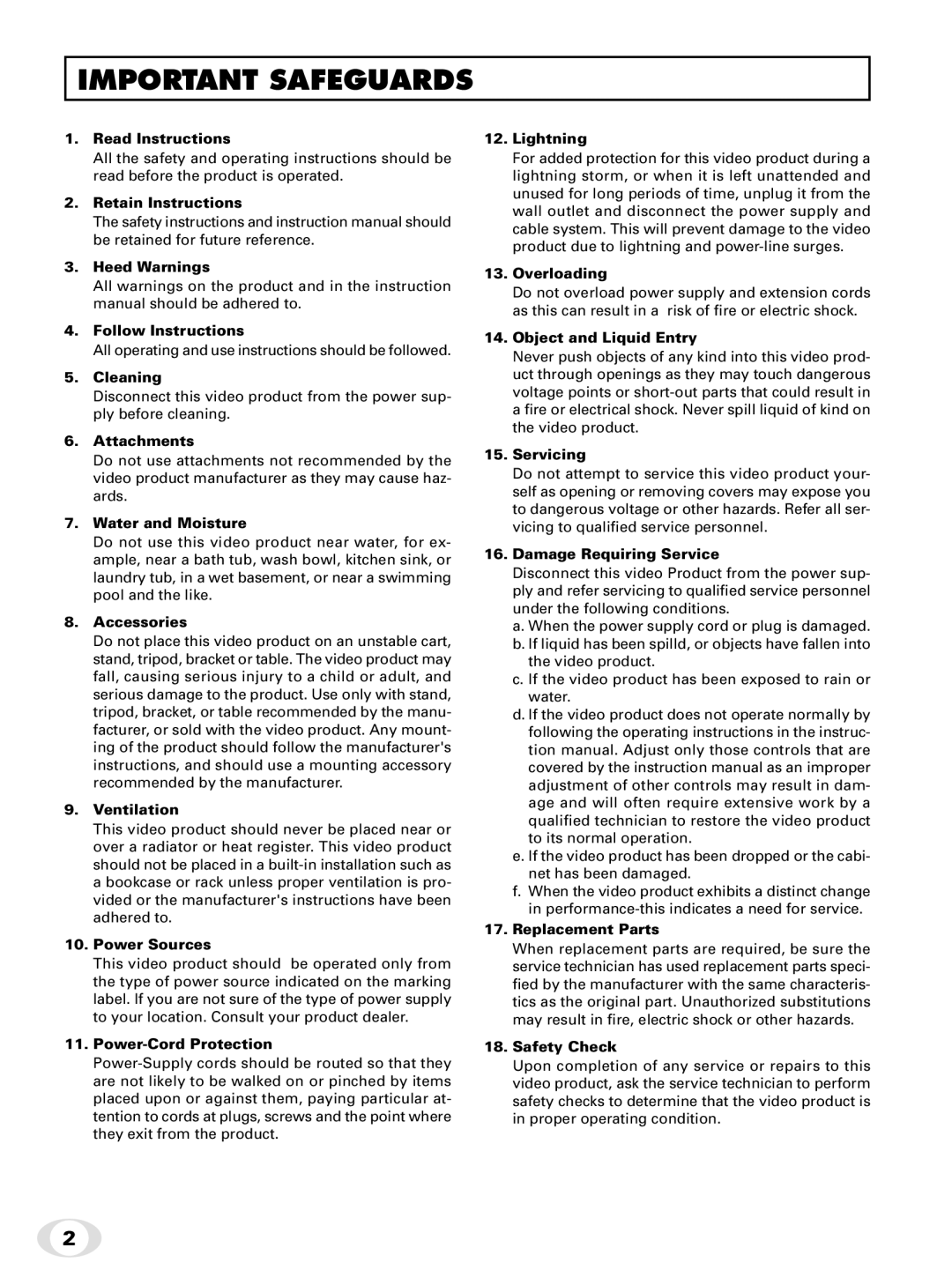 Toshiba IK-65WDA instruction manual Important Safeguards 