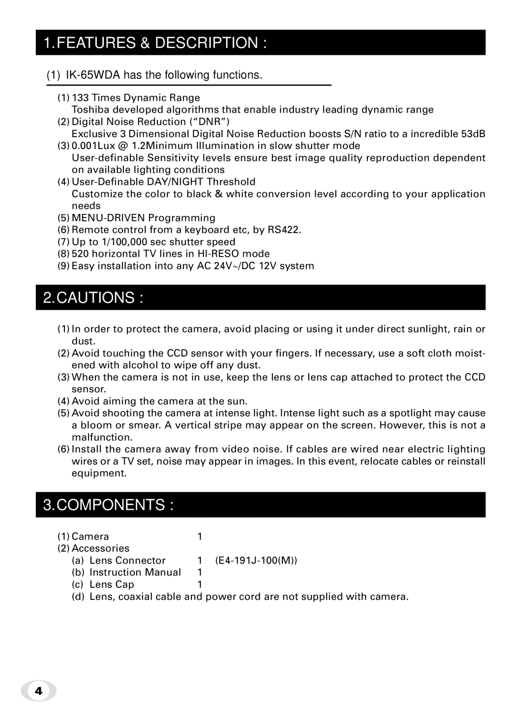 Toshiba instruction manual Features & Description, Components, IK-65WDA has the following functions 