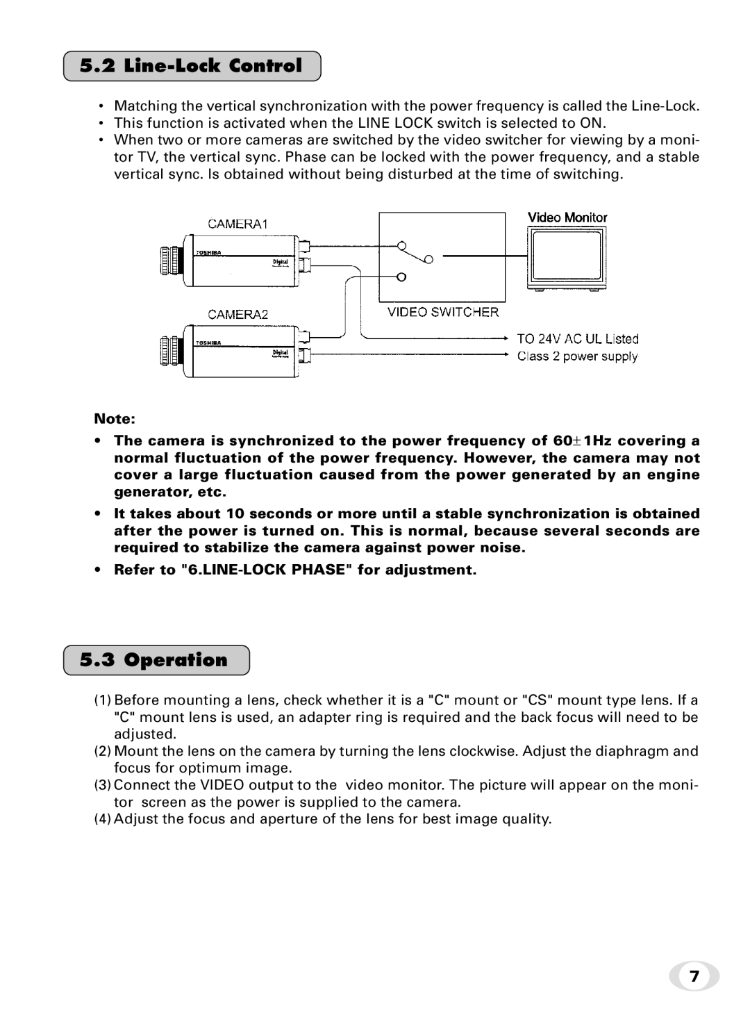 Toshiba IK-65WDA instruction manual Line-Lock Control, Operation 