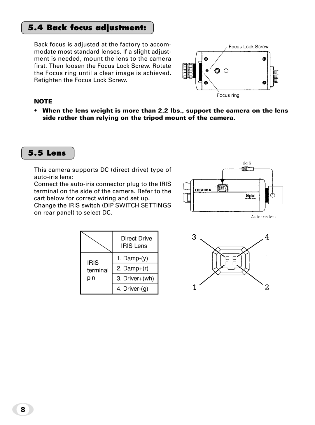 Toshiba IK-65WDA instruction manual Back focus adjustment, Lens 