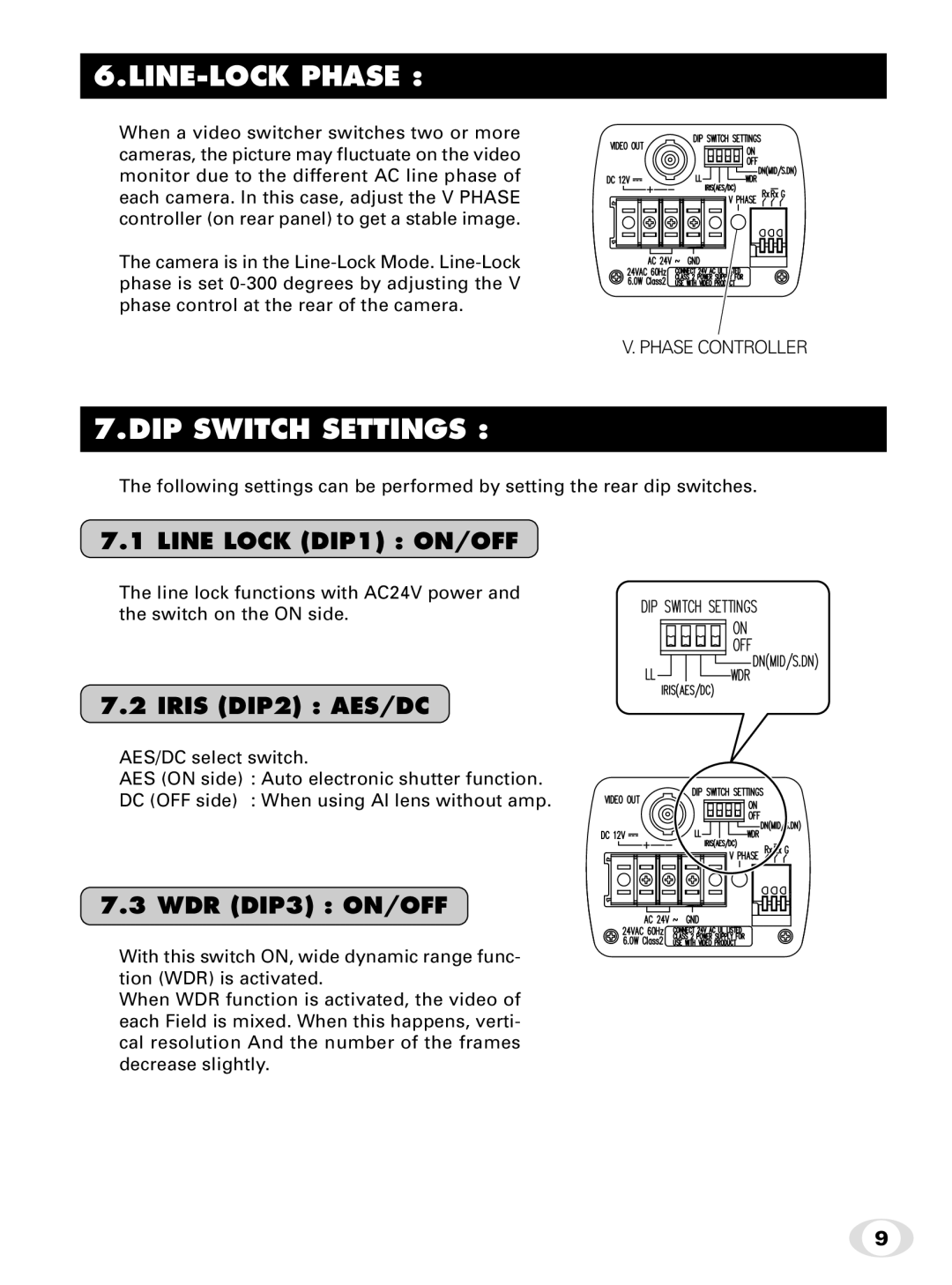 Toshiba IK-65WDA instruction manual LINE-LOCK Phase, DIP Switch Settings, Iris DIP2 AES/DC, WDR DIP3 ON/OFF 