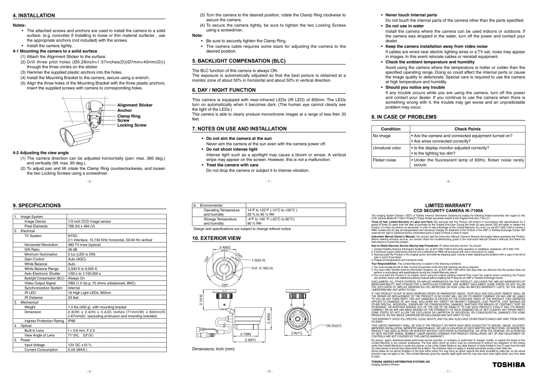 Toshiba IK-7100A Installation, Specifications, Backlight Compensation BLC, DAY / Night Function, Exterior View 