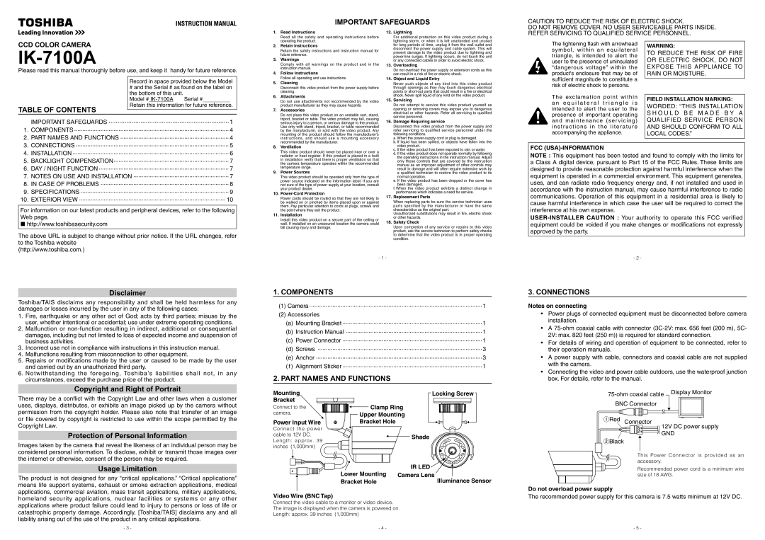 Toshiba IK-7100A instruction manual Important Safeguards, Table Of Contents, Disclaimer, Copyright and Right of Portrait 