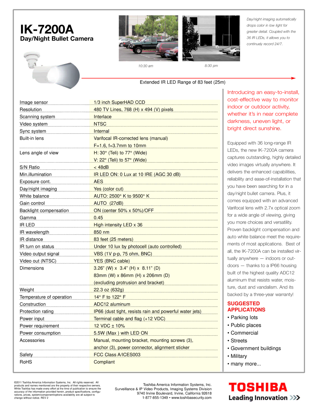 Toshiba IK-7200A, DAY/NIGHT BULLET CAMERA warranty Day/Night Bullet Camera, Suggested Applications 