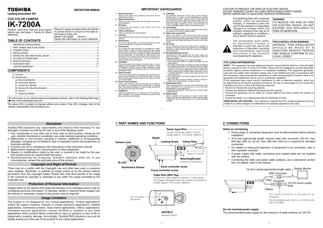 Toshiba IK-7211A instruction manual Important Safeguards, Table of Contents, Components, Part Names and Functions 