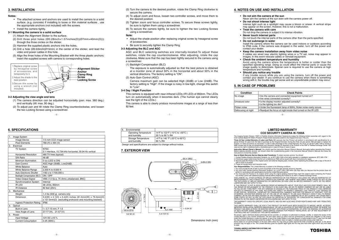 Toshiba IK-7200A, IK-7211A Installation, Case of Problems, Specifications, Exterior View, Limited Warranty 