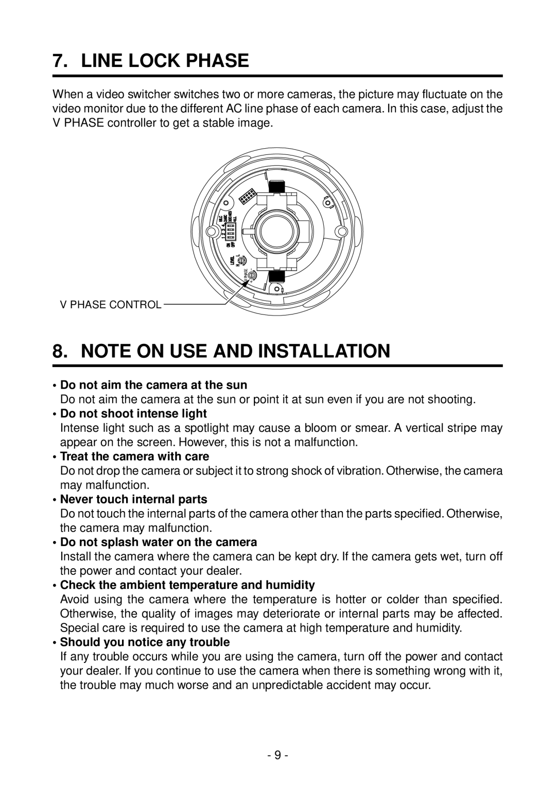 Toshiba IK-DF01A instruction manual Line Lock Phase, Do not shoot intense light 