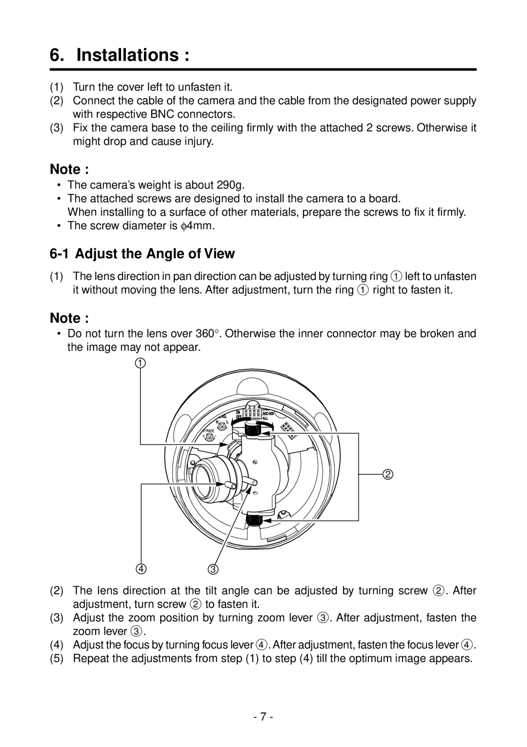 Toshiba IK-DF01A instruction manual Installations, Adjust the Angle of View 