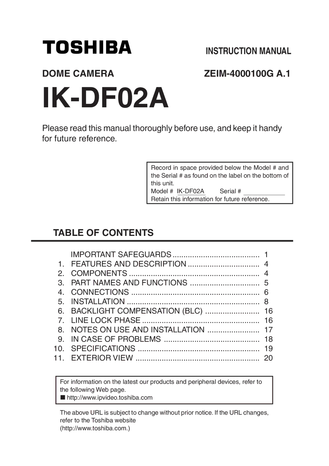 Toshiba IK-DF02A instruction manual Dome Camera, Table of Contents 