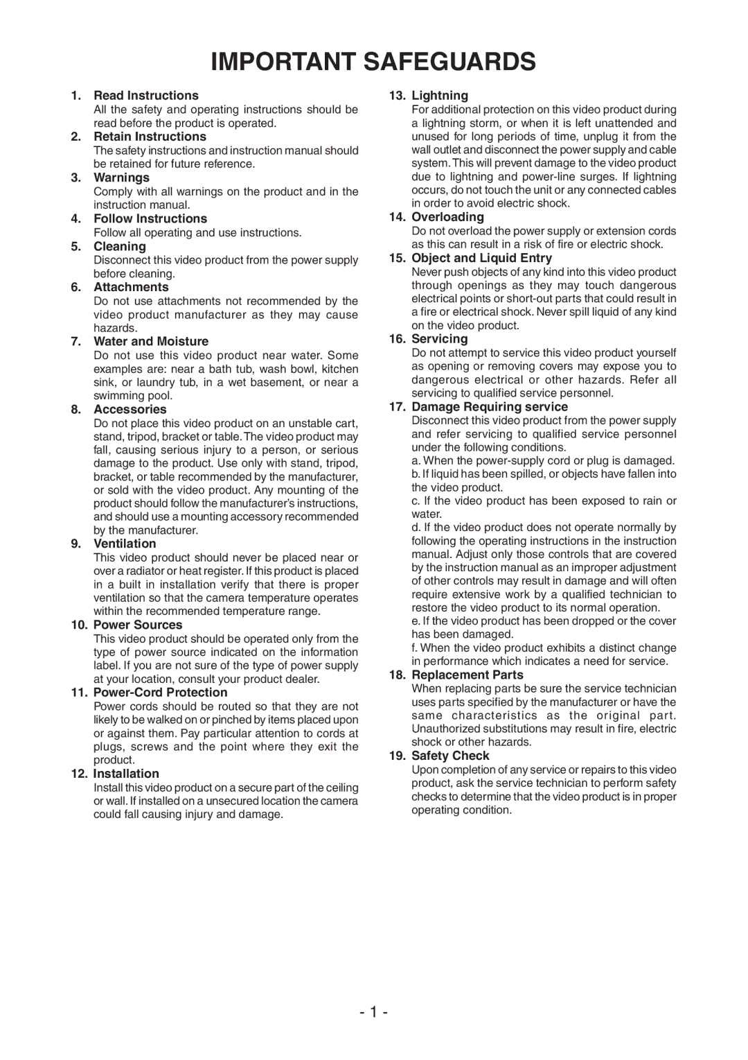 Toshiba IK-DF02A instruction manual Important Safeguards 