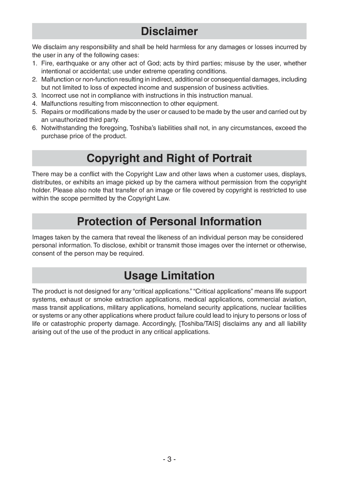 Toshiba IK-DF02A instruction manual Disclaimer 