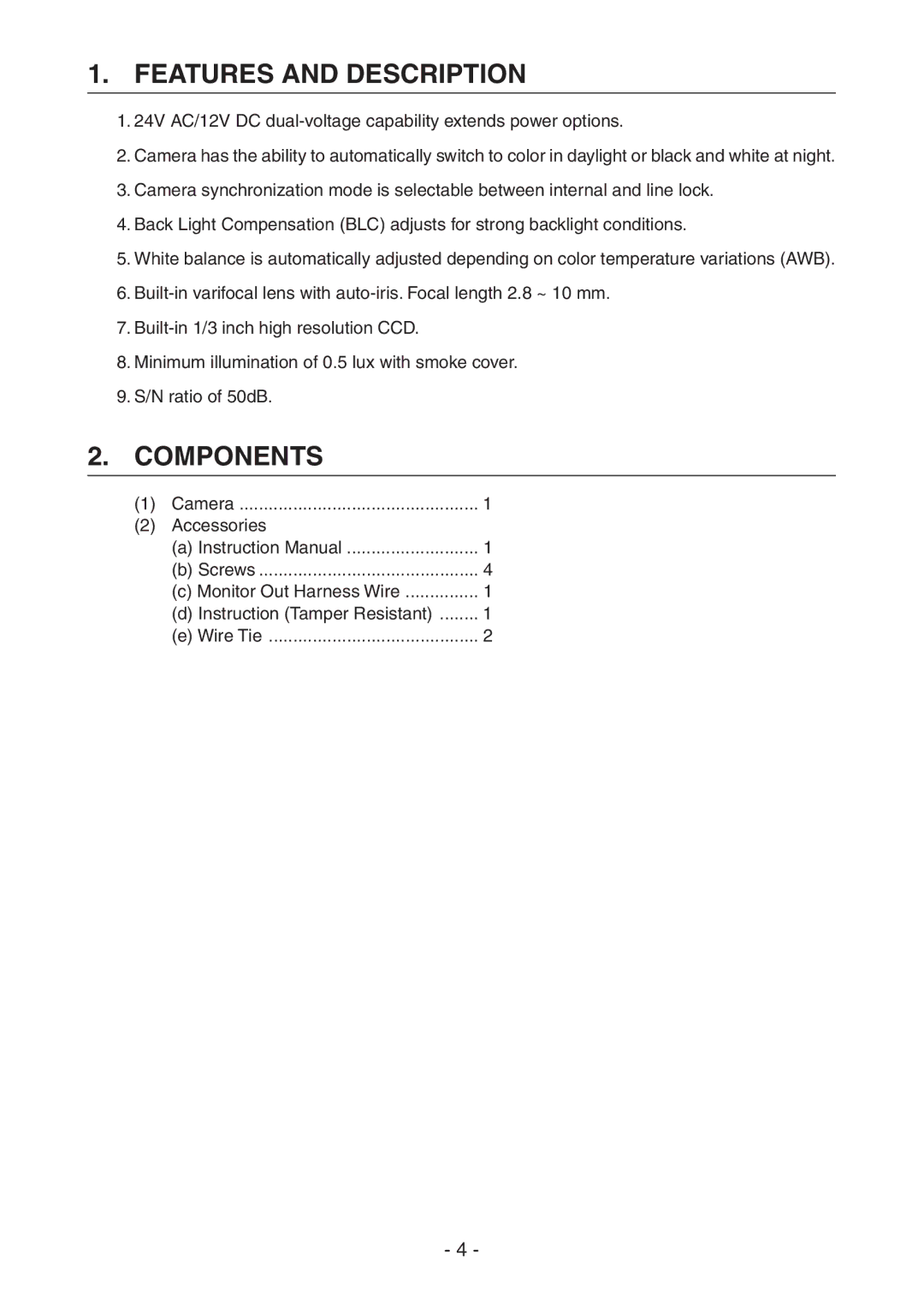 Toshiba IK-DF02A instruction manual Features and Description, Components 