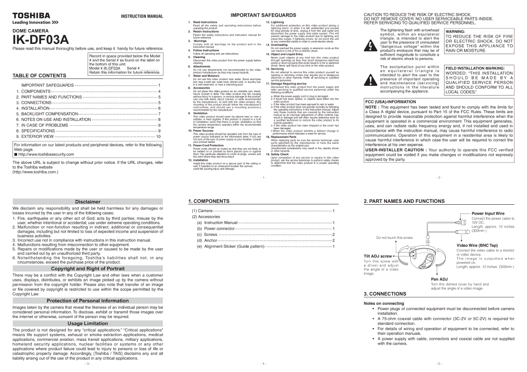 Toshiba IK-DF03A instruction manual Important Safeguards, Table of Contents, Components, Part Names and Functions 