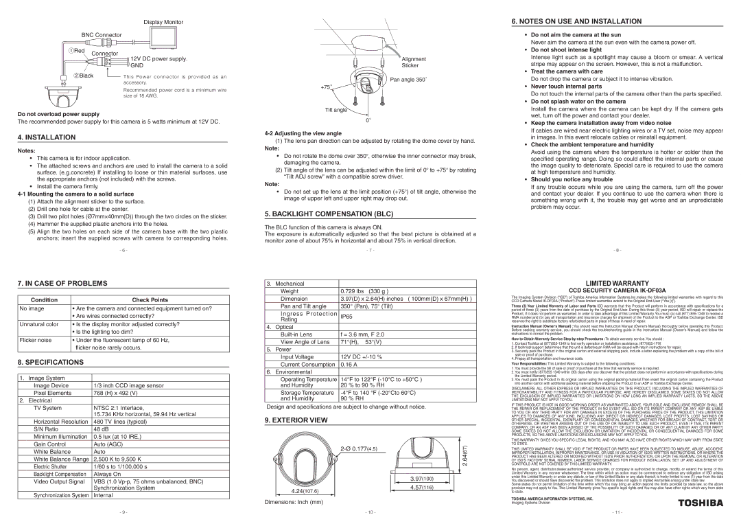 Toshiba IK-DF03A Installation, Case of Problems, Specifications, Backlight Compensation BLC, Exterior View 