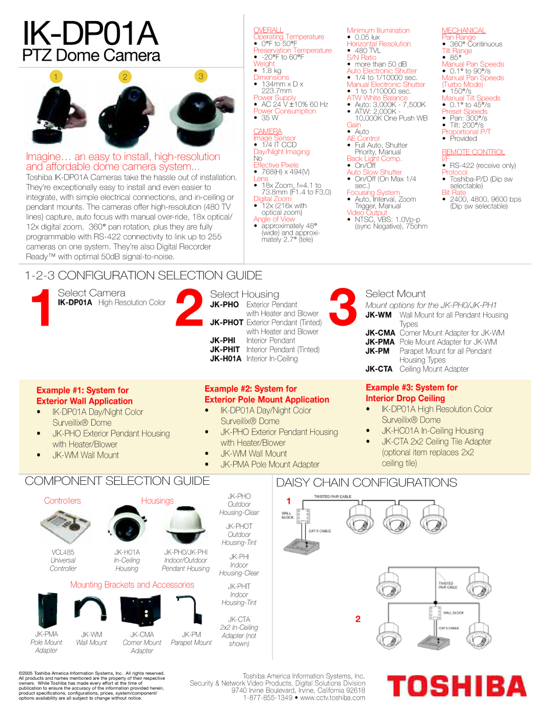 Toshiba IK-DP01A warranty Configuration Selection Guide, Component Selection Guide, Daisy Chain Configurations, Housings 