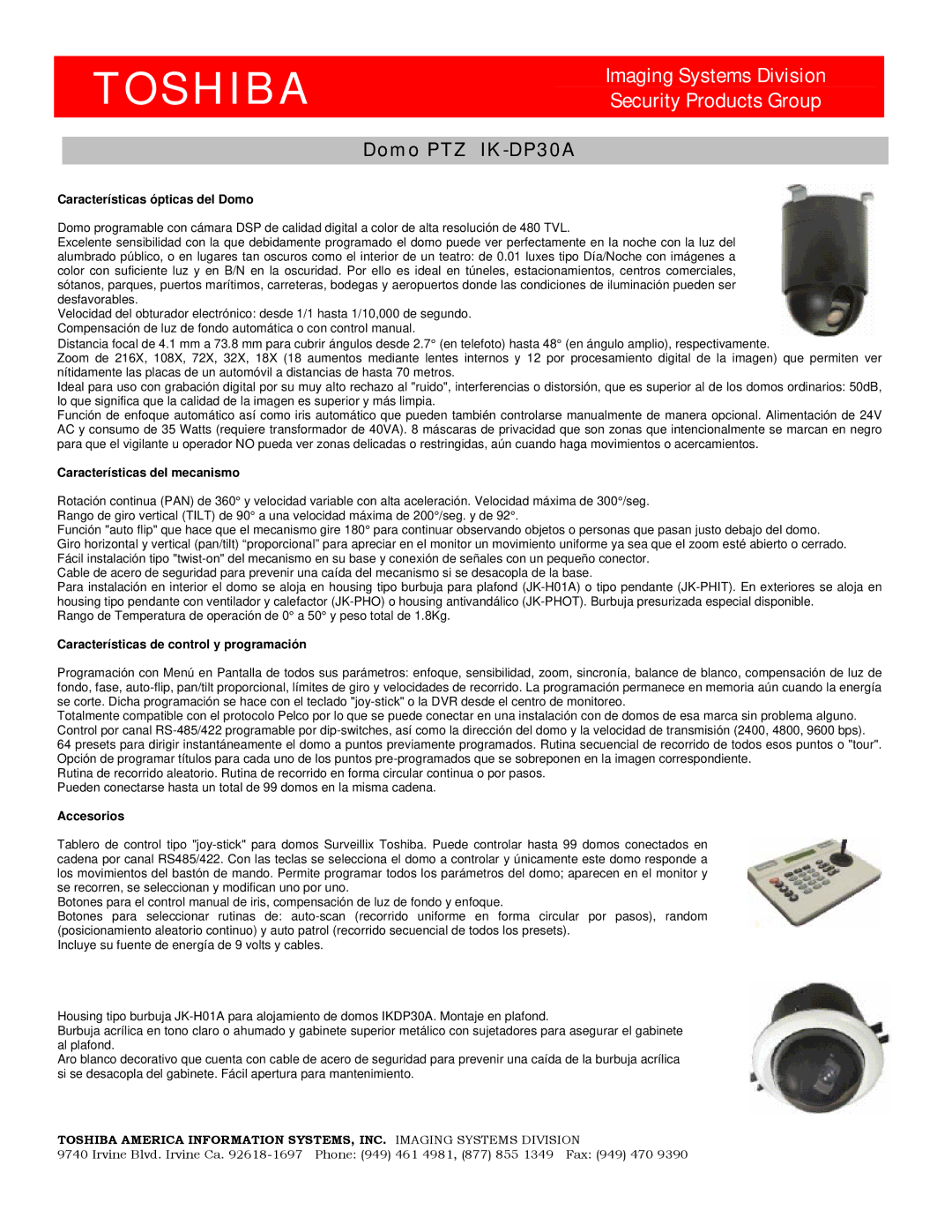 Toshiba manual Toshiba, Imaging Systems Division Security Products Group, Domo PTZ IK-DP30A 