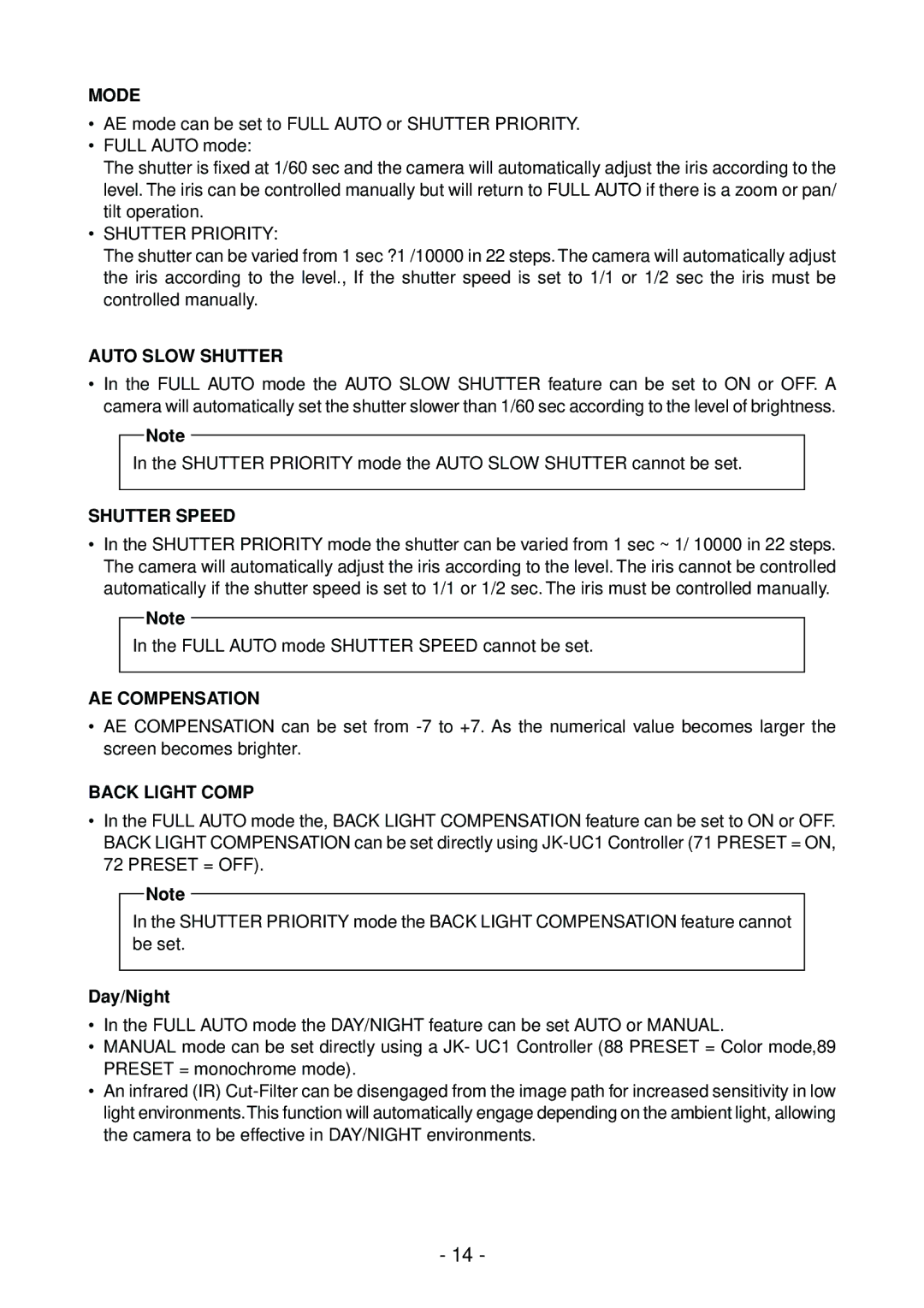 Toshiba IK-DP30A instruction manual Mode, Auto Slow Shutter, Shutter Speed, AE Compensation, Back Light Comp 