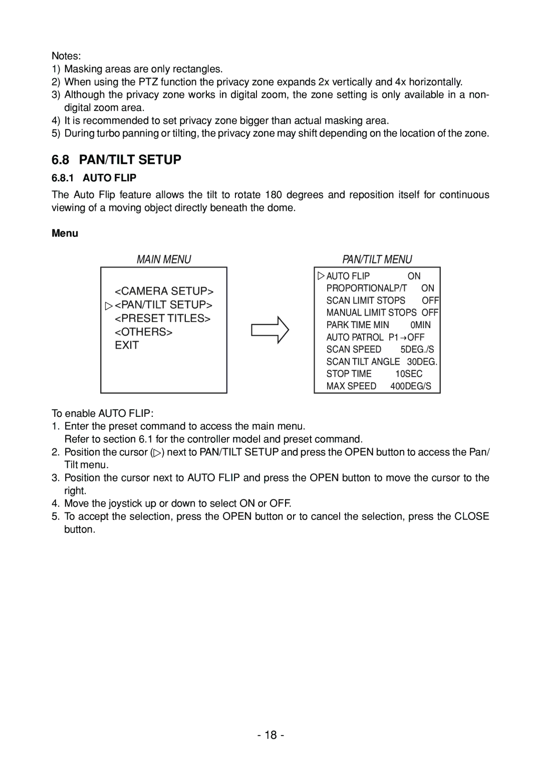 Toshiba IK-DP30A instruction manual PAN/TILT Setup, PAN/TILT Menu, Auto Flip 