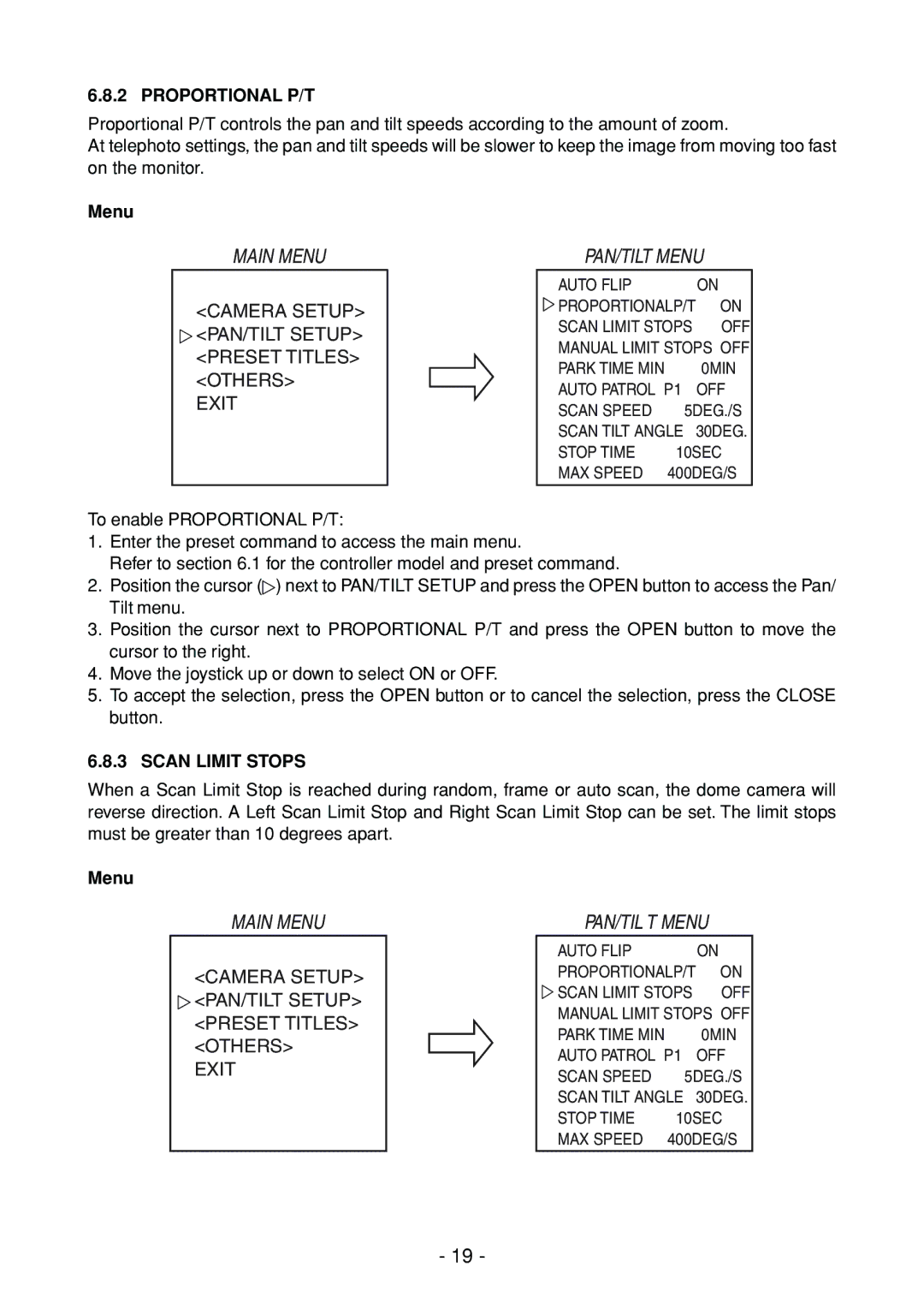 Toshiba IK-DP30A instruction manual PAN/TIL T Menu, Proportional P/T, Scan Limit Stops 