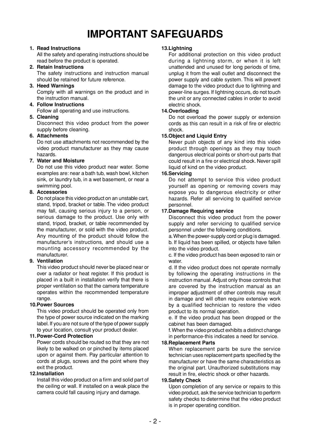 Toshiba IK-DP30A instruction manual Important Safeguards 