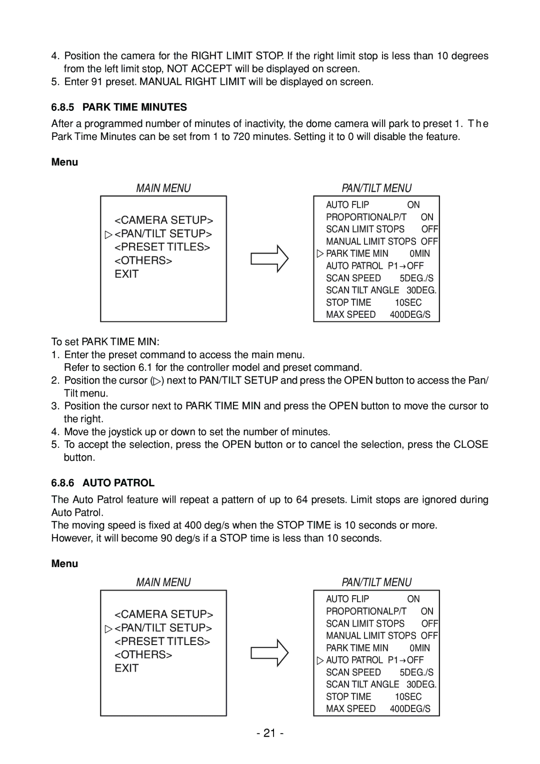 Toshiba IK-DP30A instruction manual Park Time Minutes, Auto Patrol 