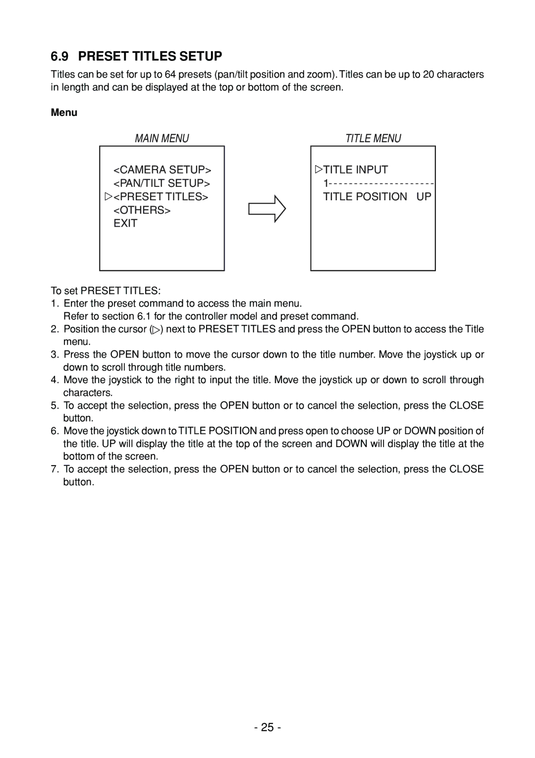 Toshiba IK-DP30A instruction manual Preset Titles Setup, Title Menu, Title Input Title Position 