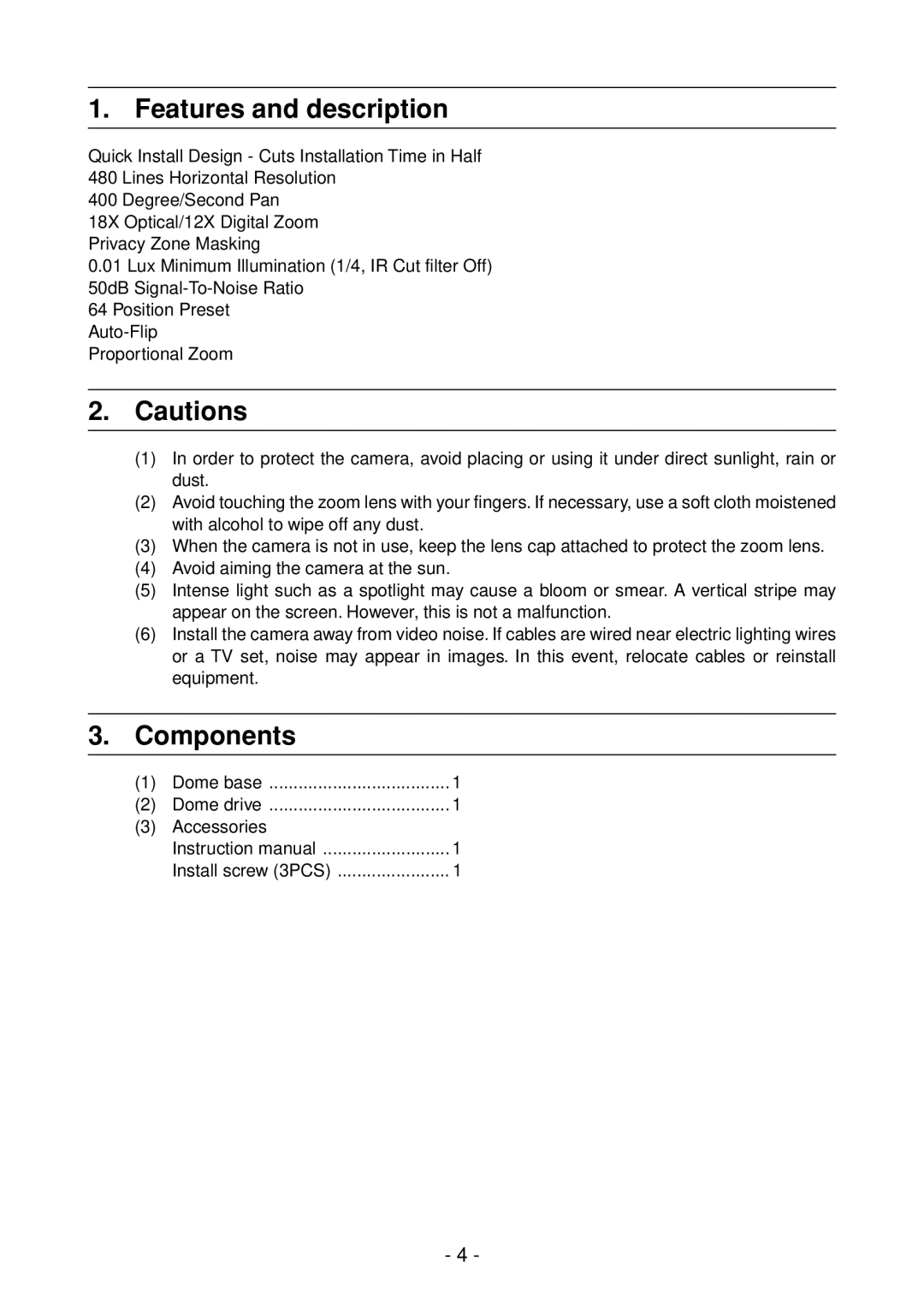 Toshiba IK-DP30A instruction manual Features and description, Components 