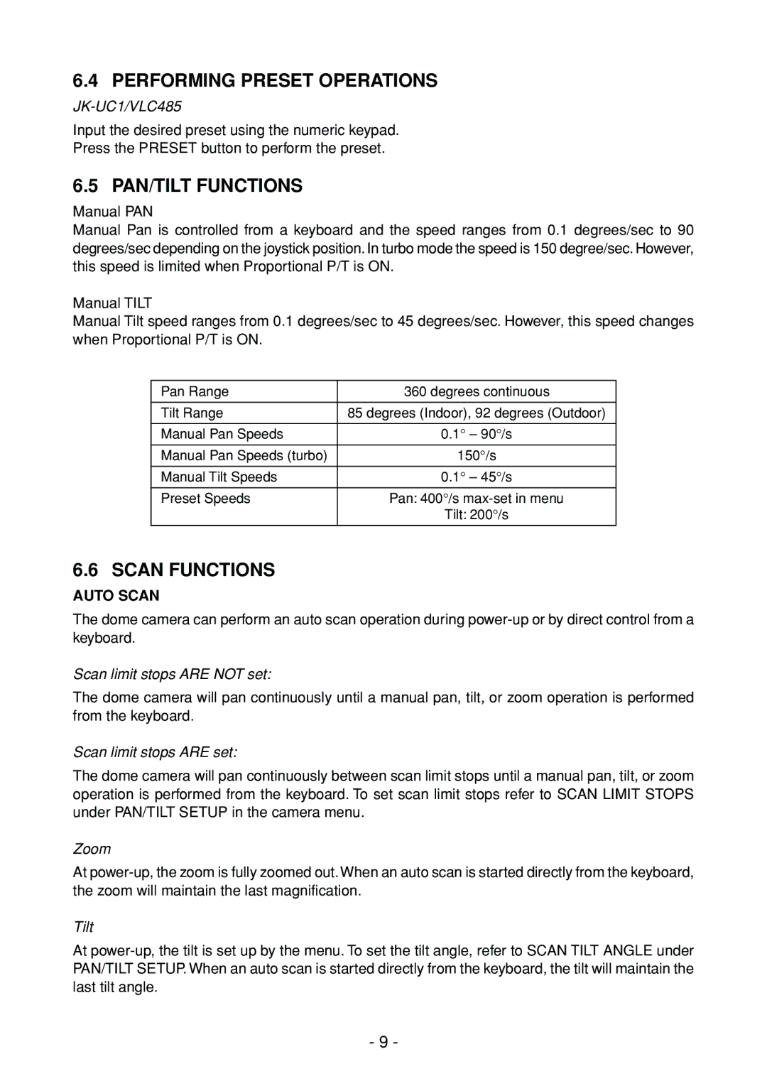 Toshiba IK-DP30A instruction manual Performing Preset Operations, PAN/TILT Functions, Scan Functions, Auto Scan 