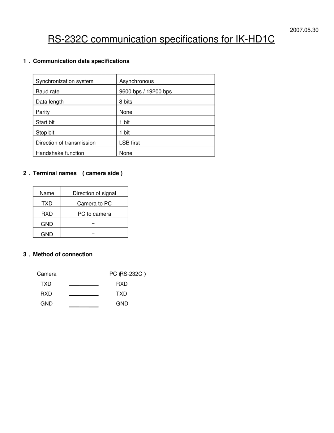 Toshiba specifications RS-232C communication specifications for IK-HD1C 