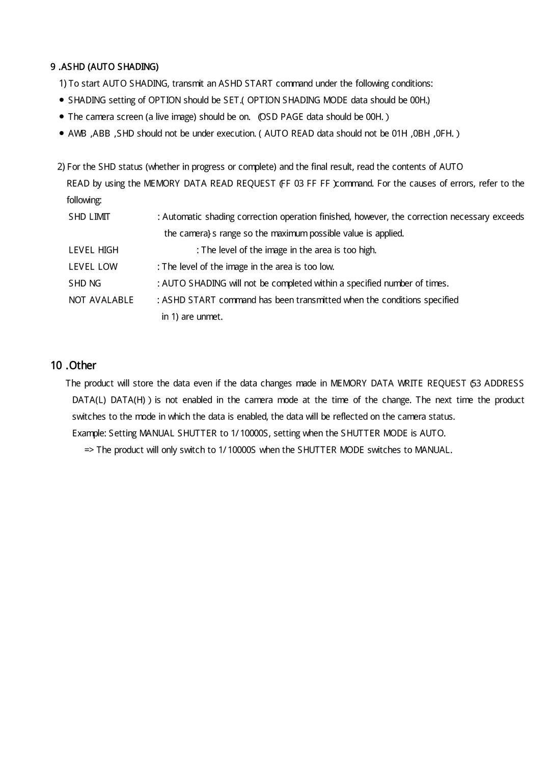 Toshiba IK-HD1 specifications ．ASHD Auto Shading, SHD Limit Level High Level LOW SHD NG Not Avalable 