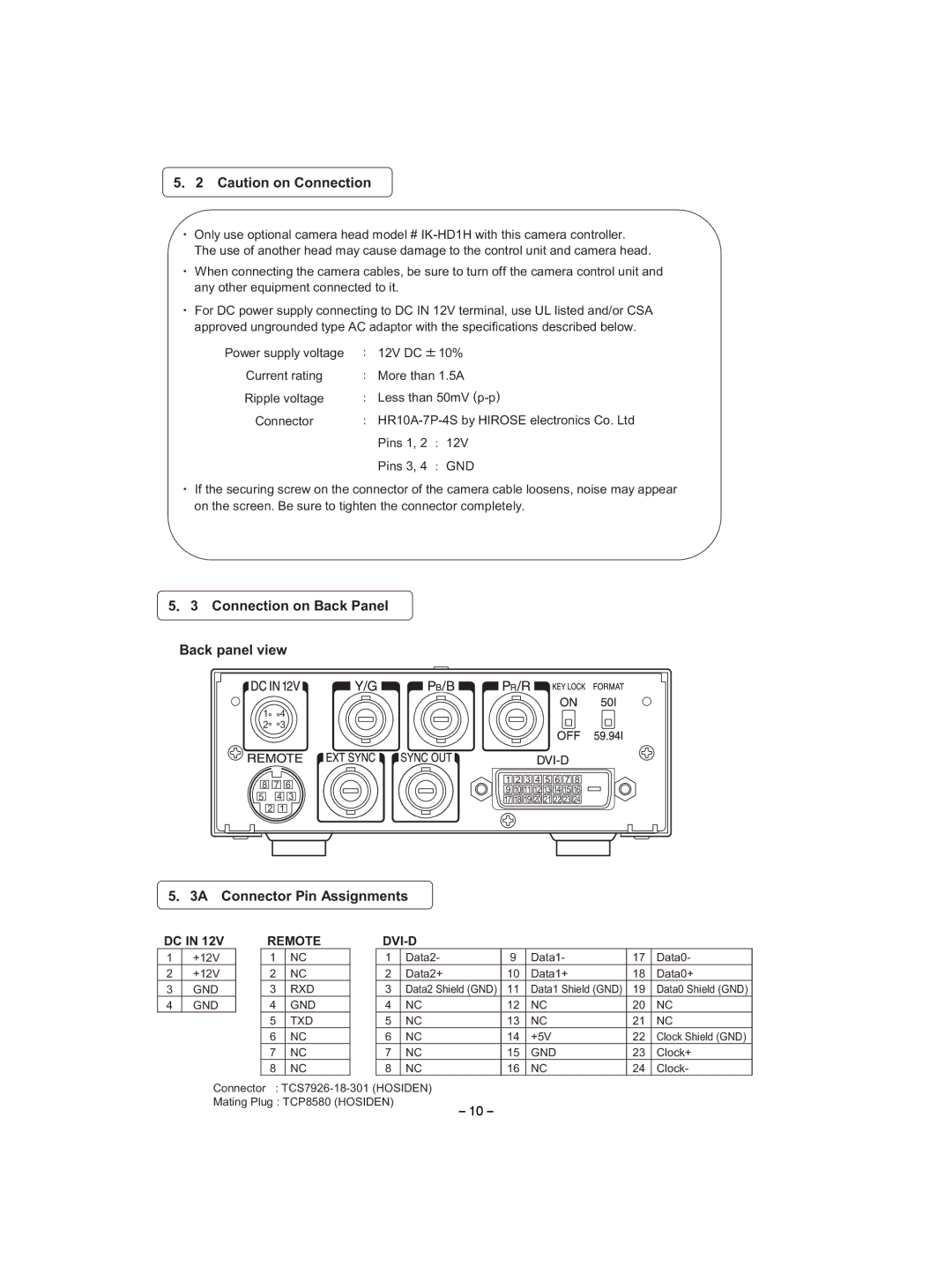 Toshiba IK-HD1D instruction manual Connection on Back Panel Back panel view, 3A Connector Pin Assignments, Rxd Gnd Txd 