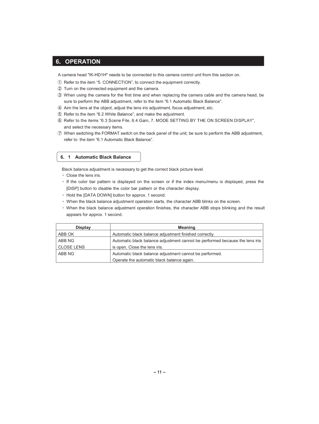 Toshiba IK-HD1D instruction manual Operation, Automatic Black Balance, Display Meaning 