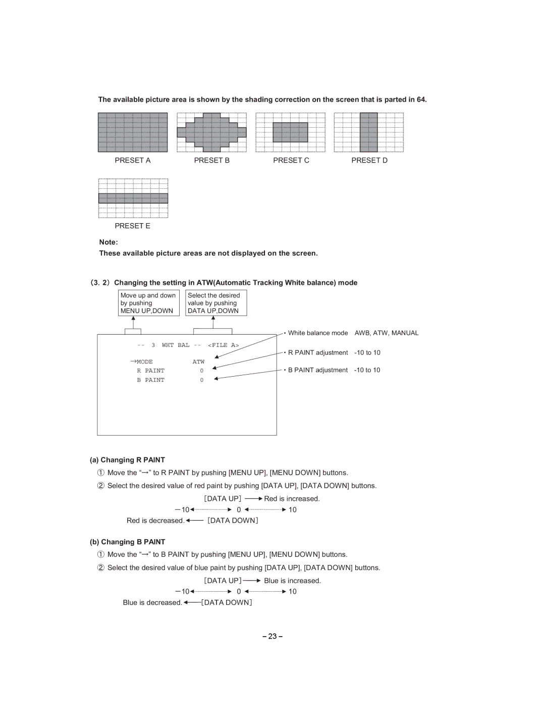 Toshiba IK-HD1D instruction manual Preset a Preset B Preset C Preset D Preset E, Mode ATW Paint 