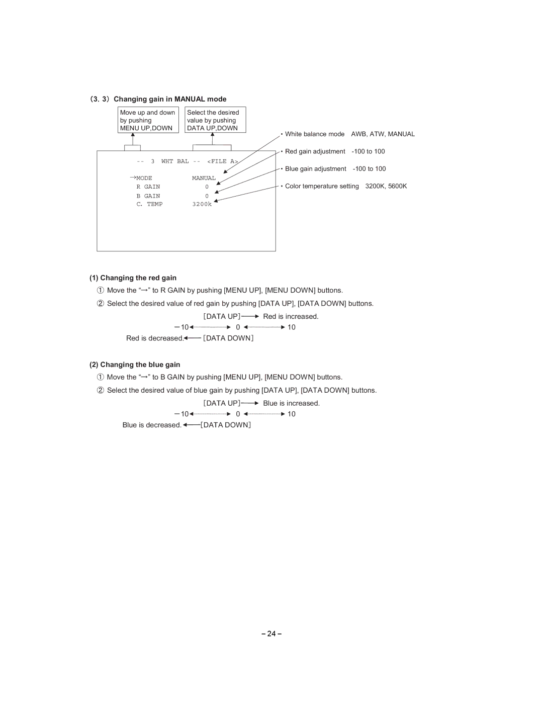 Toshiba IK-HD1D 䋨3䋮3䋩 Changing gain in Manual mode, Mode Manual Gain Temp, Changing the red gain, Changing the blue gain 