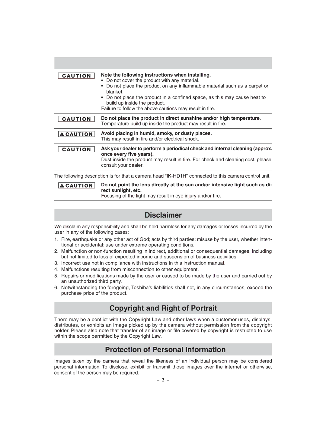 Toshiba IK-HD1D instruction manual Disclaimer 