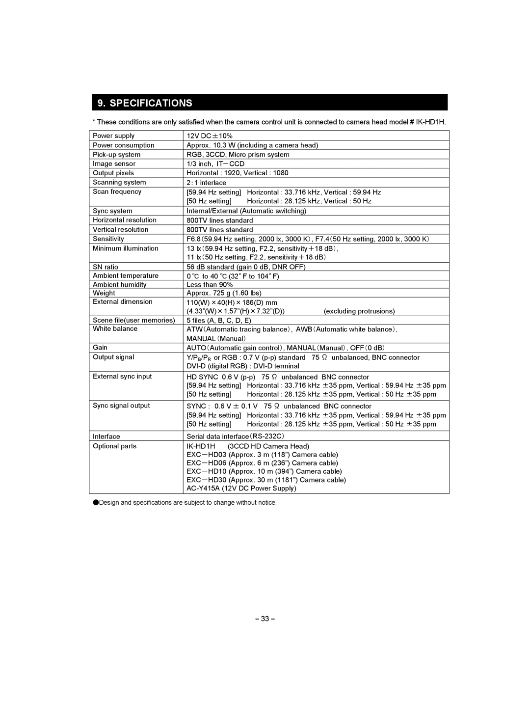 Toshiba IK-HD1D instruction manual Specifications, Ccd, Sync, IK-HD1H, Exc 