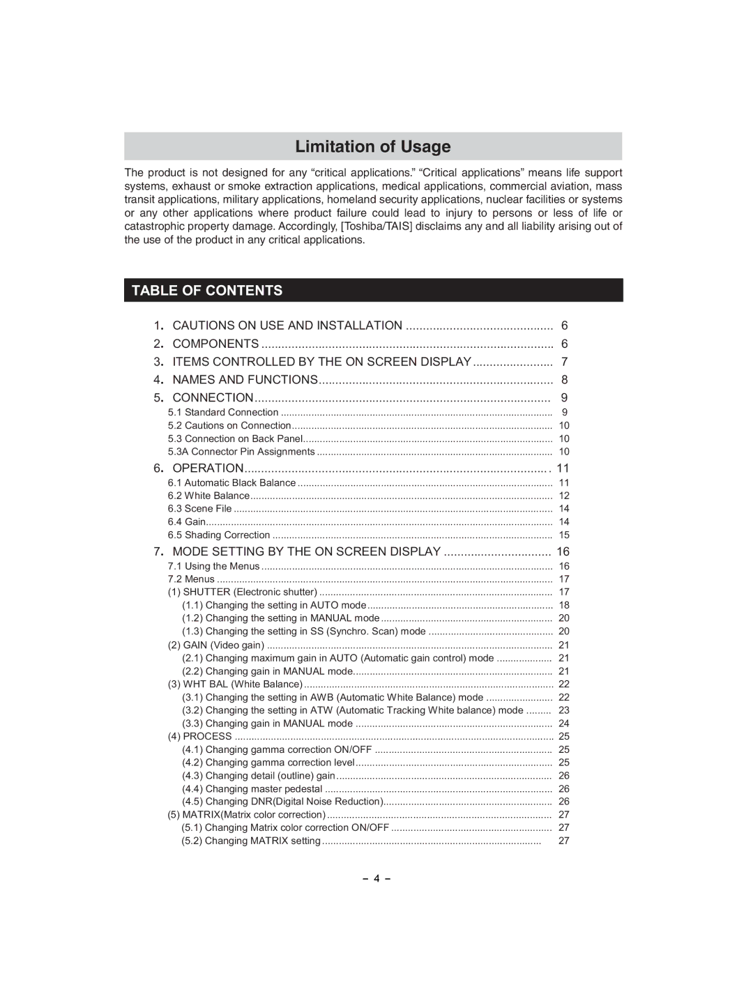 Toshiba IK-HD1D instruction manual Limitation of Usage, Table of Contents 