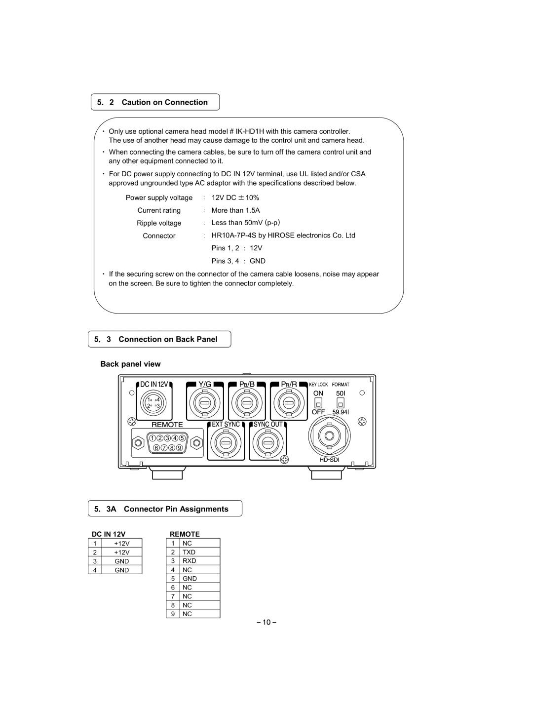 Toshiba IK-HD1E instruction manual Connection on Back Panel Back panel view, 3A Connector Pin Assignments, Txd Rxd Gnd 