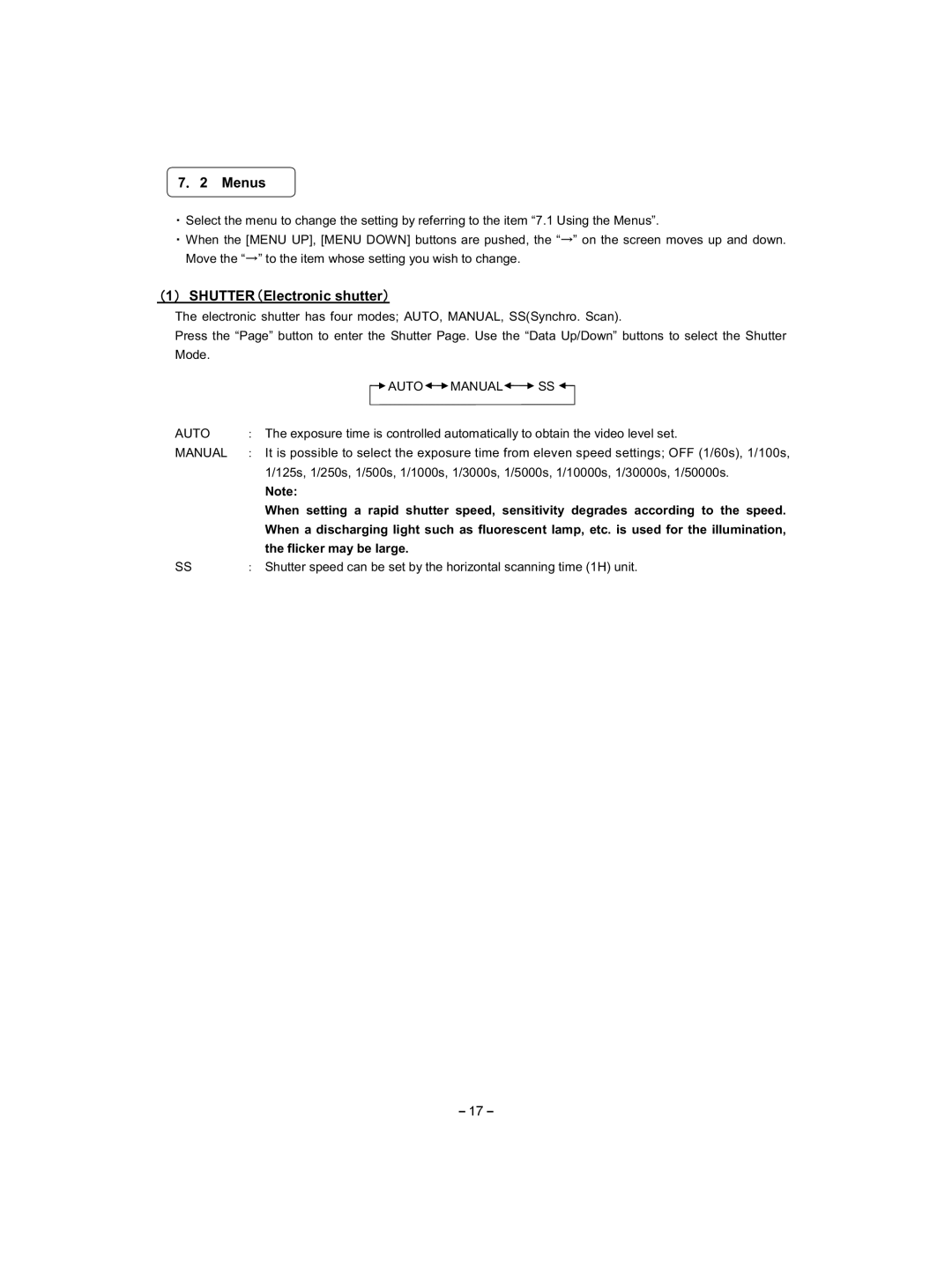 Toshiba IK-HD1E instruction manual Menus, SHUTTER䋨Electronic shutter䋩, Auto Manual, Flicker may be large 