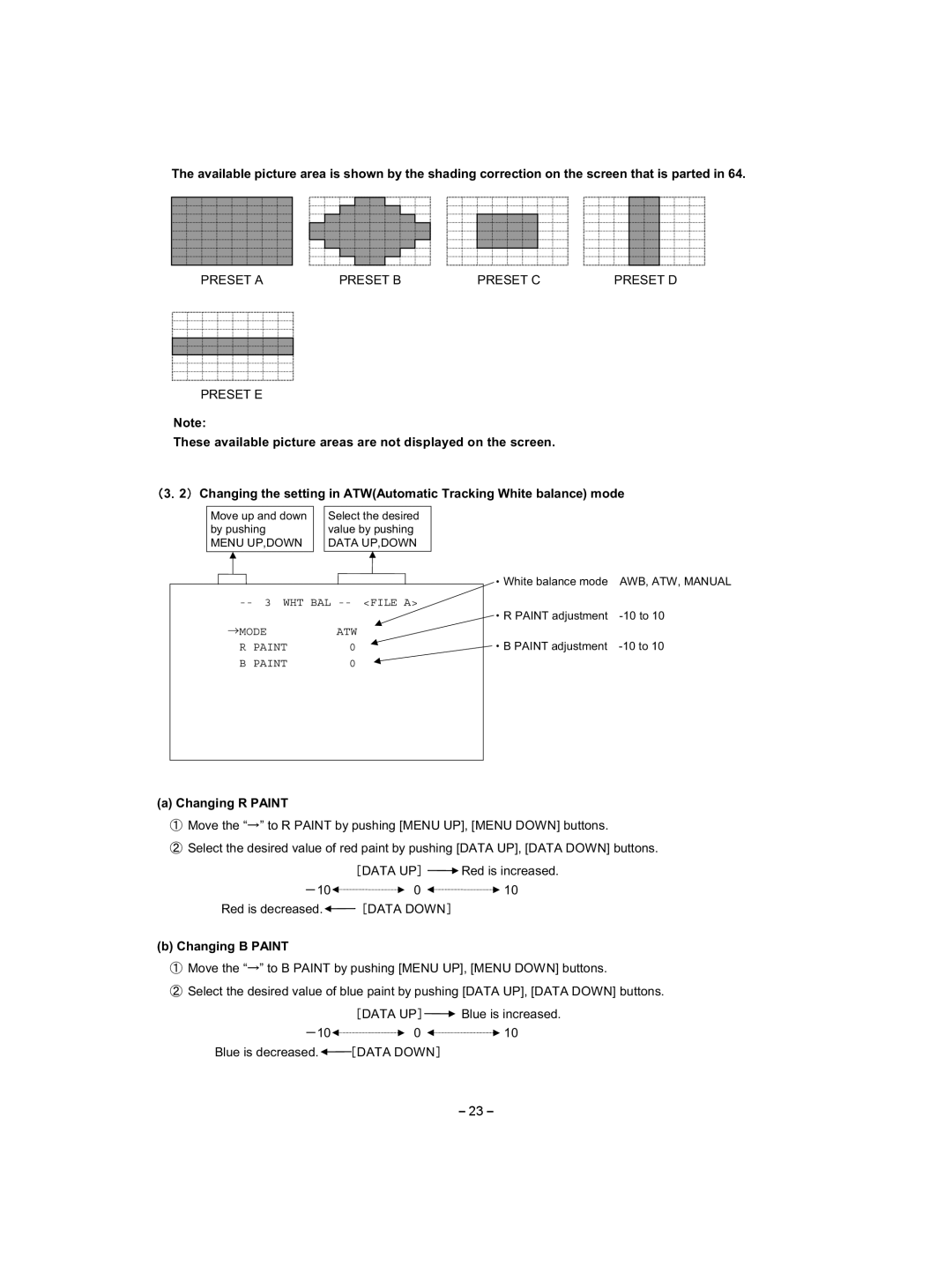 Toshiba IK-HD1E instruction manual Preset a Preset B Preset C Preset D Preset E, Mode ATW Paint 