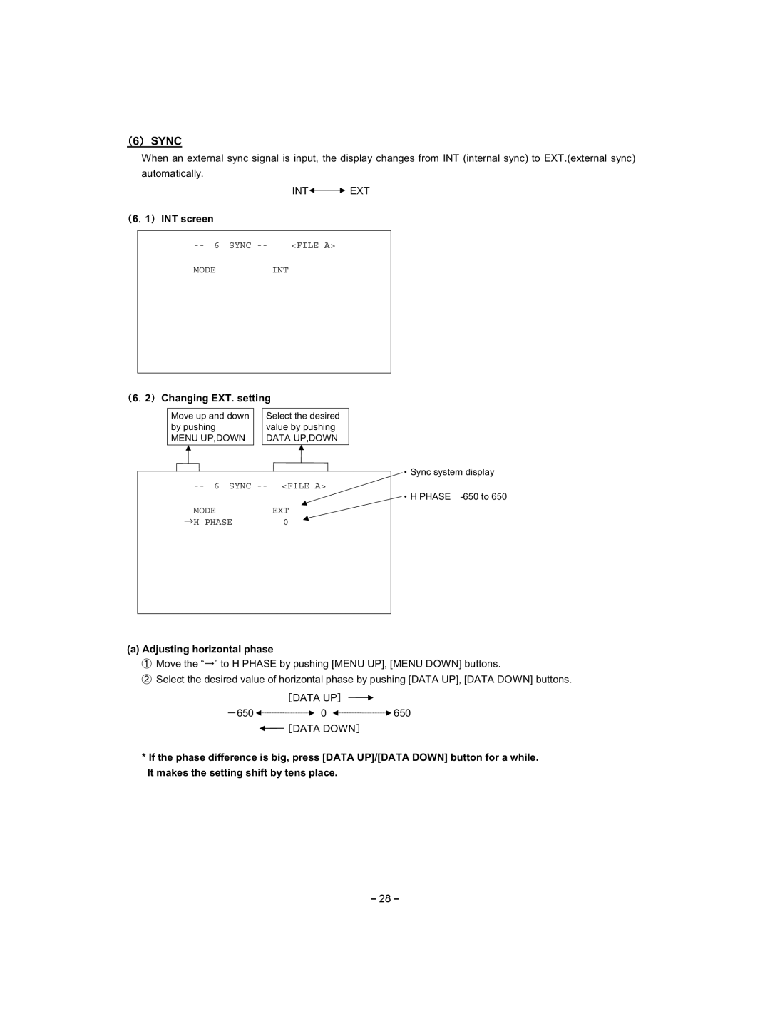 Toshiba IK-HD1E instruction manual 䋨6䋩 Sync, 䋨6䋮1䋩 INT screen, 䋨6䋮2䋩 Changing EXT. setting, Adjusting horizontal phase 