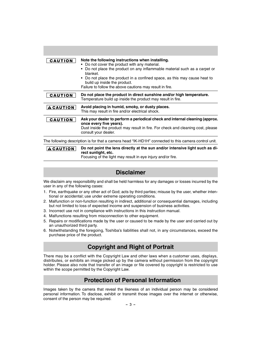 Toshiba IK-HD1E instruction manual Disclaimer 